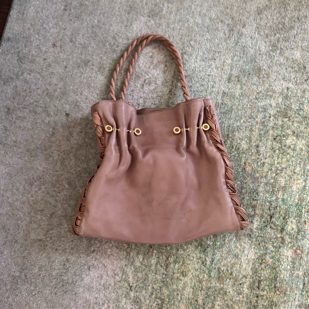 Bulgari Tan, Softest Leather, Shoulder Bag with Braided Handles